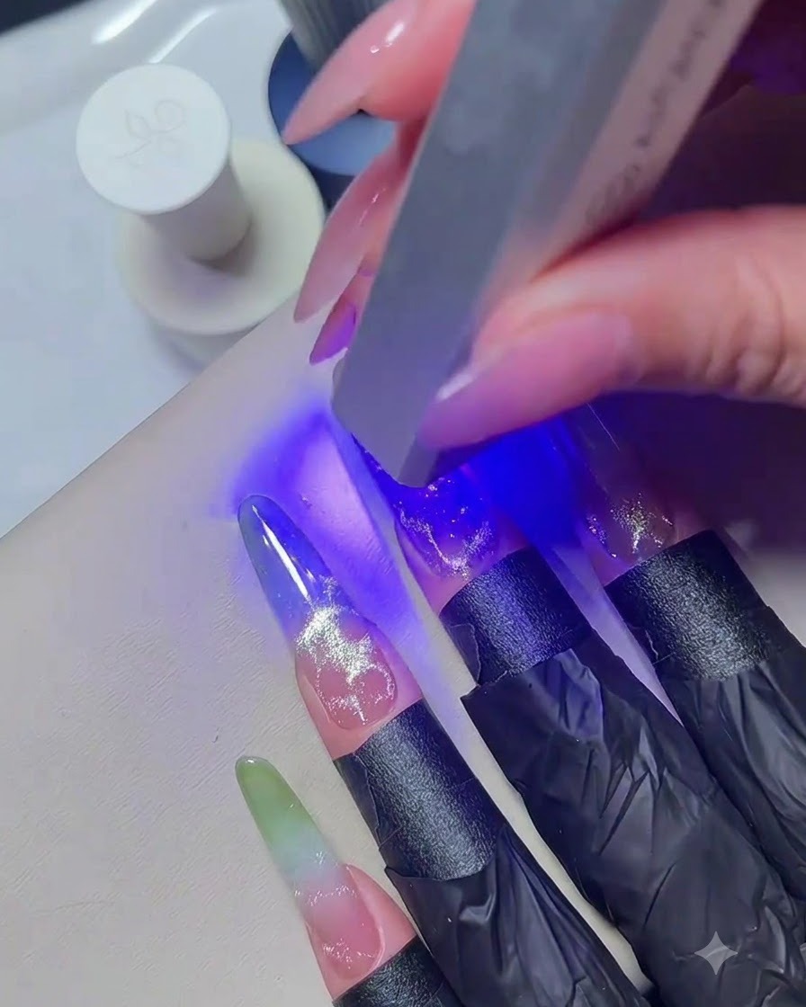 Una mano sosteniendo una mini linterna UV azul portátil sobre uñas manicuradas para curar el gel.