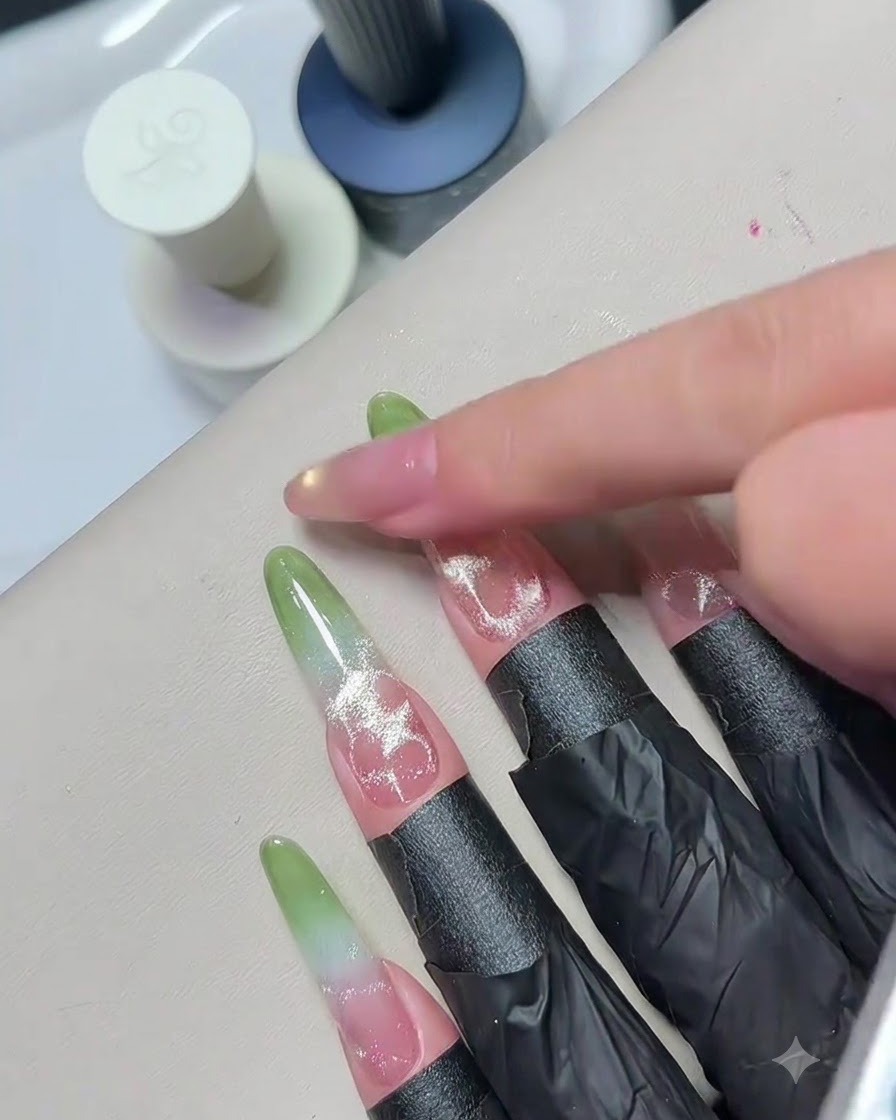 Un dedo tocando suavemente la superficie de una uña brillante curada para inspeccionar su textura terminada.
