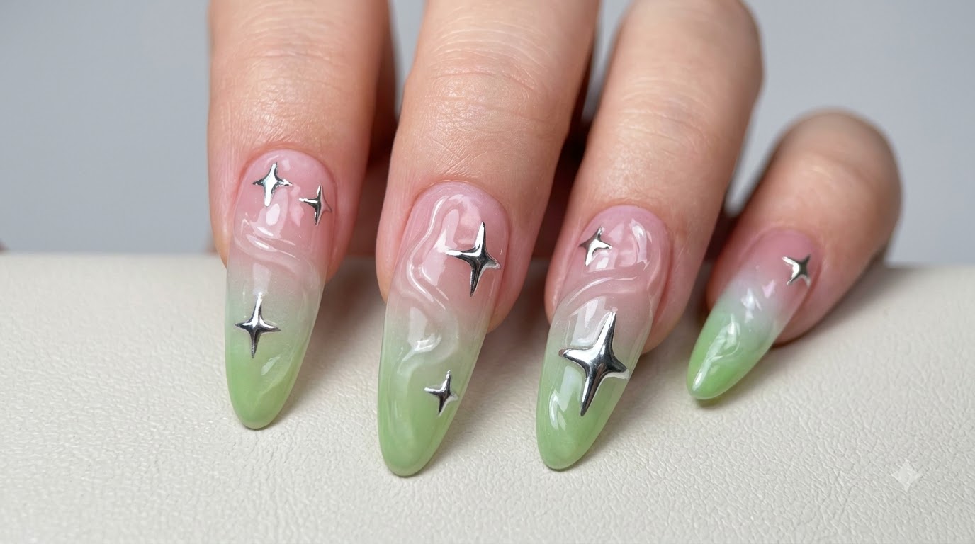 Diseño de Uñas con Efecto Ondas de Agua de Verano y Degradado en Rosa y Verde