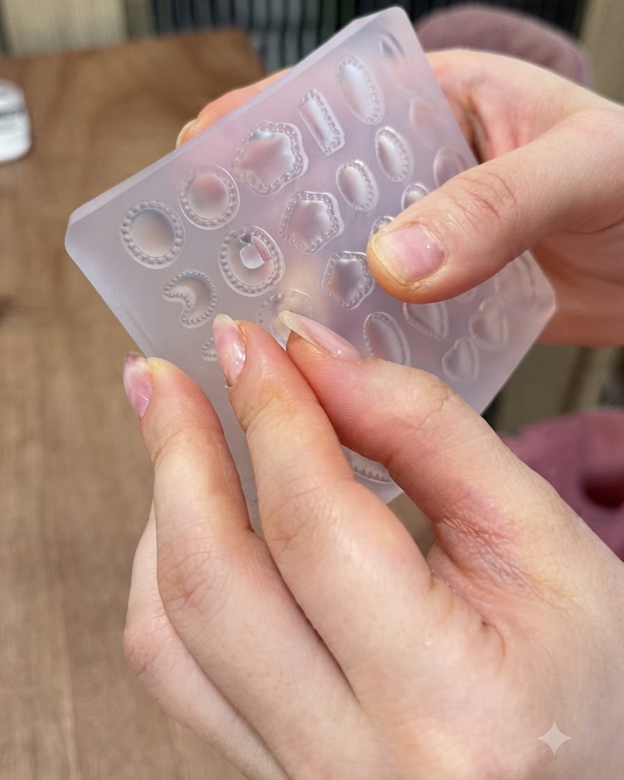 Dedos flexionando un molde de silicona para liberar una pieza de gema ovalada transparente en 3D.