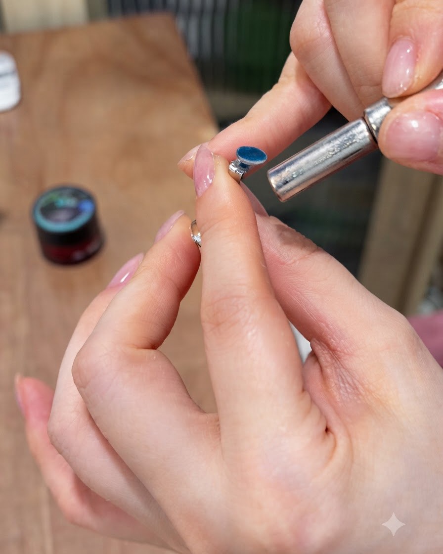 Una herramienta magnética sostenida cerca de una gema recubierta de gel de ojo de gato azul en un soporte para uñas para crear un reflejo de luz.