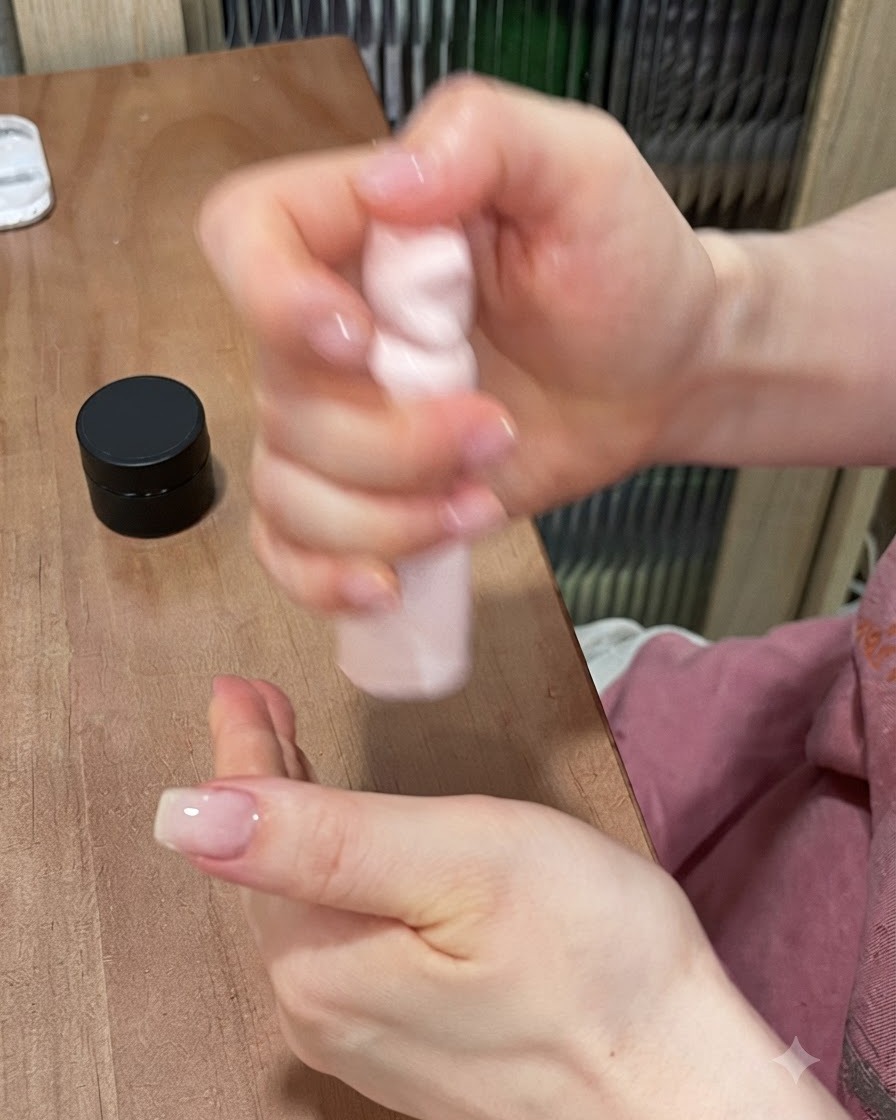 Una mini lámpara UV/LED rosa curando una pieza de gema de gel de ojo de gato azul montada en un soporte metálico.