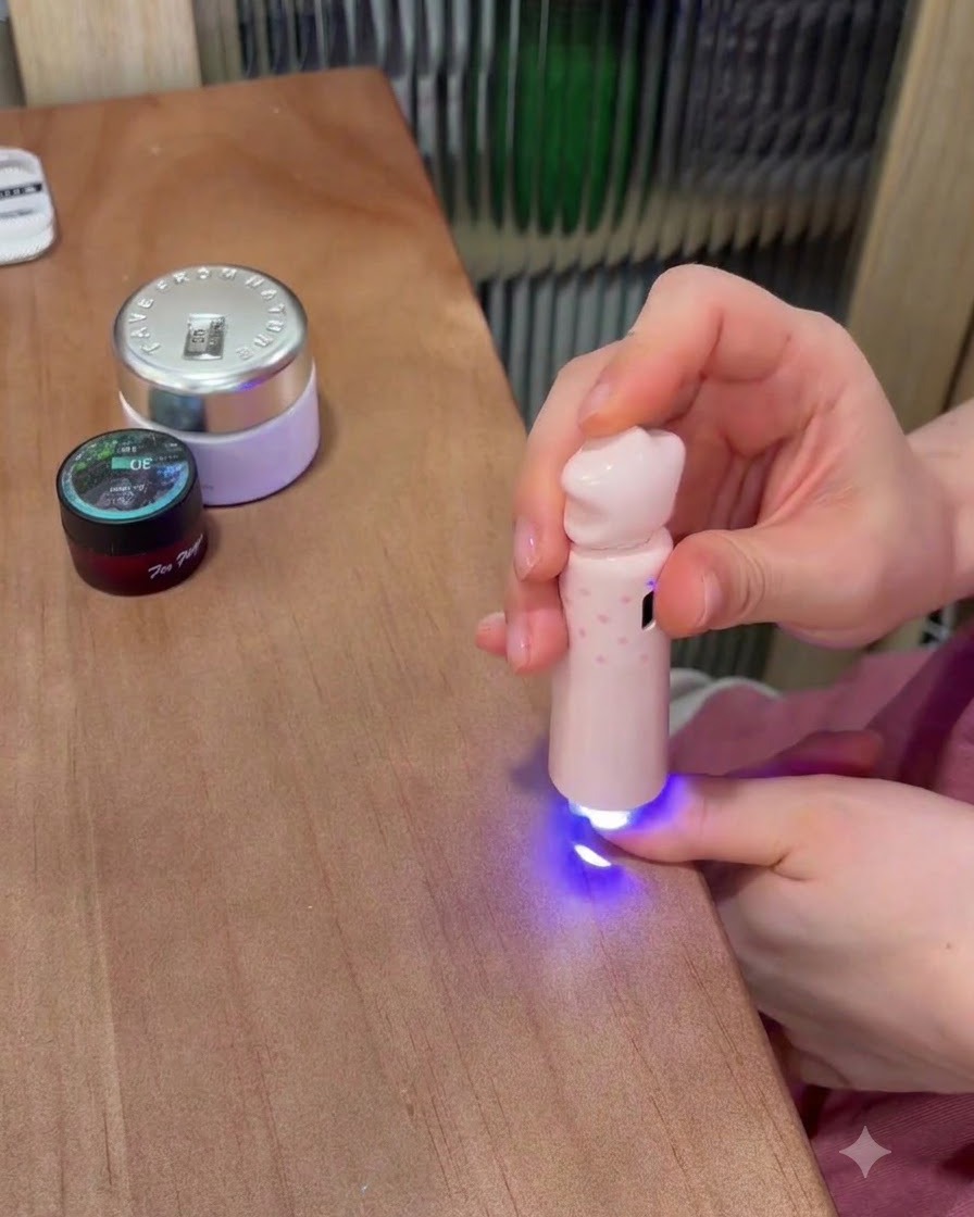 Una mini lámpara UV/LED rosa curando el adhesivo debajo de una gema azul en una uña.
