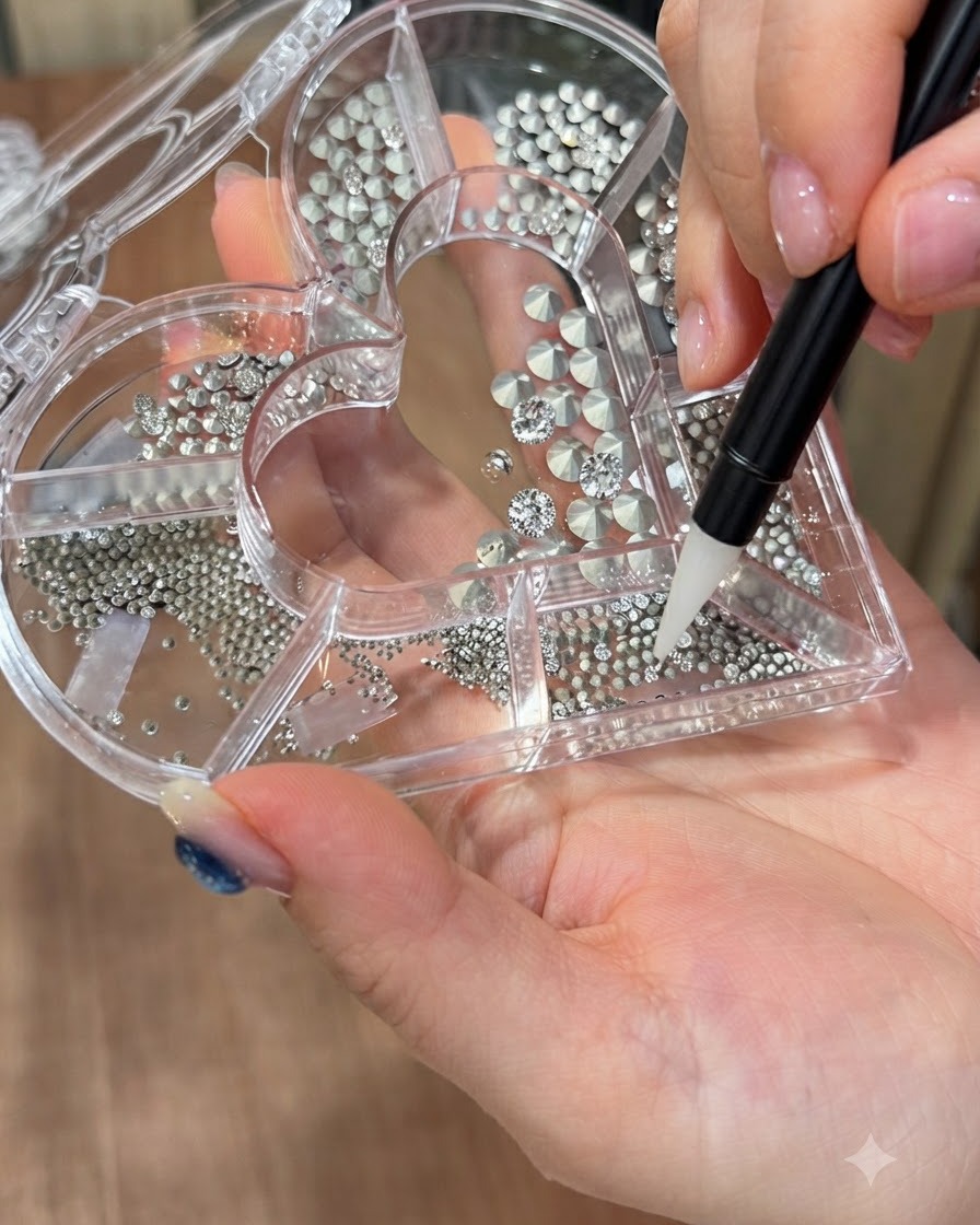 Un bolígrafo recolector de cera seleccionando un pequeño cristal plateado de un organizador de pedrería en forma de corazón.