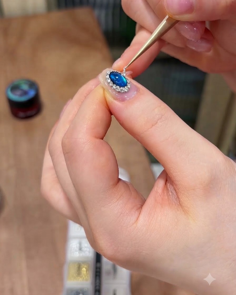 Una herramienta de precisión colocando diminutas microesferas de acero metálicas entre los cristales en un diseño de arte de uñas.