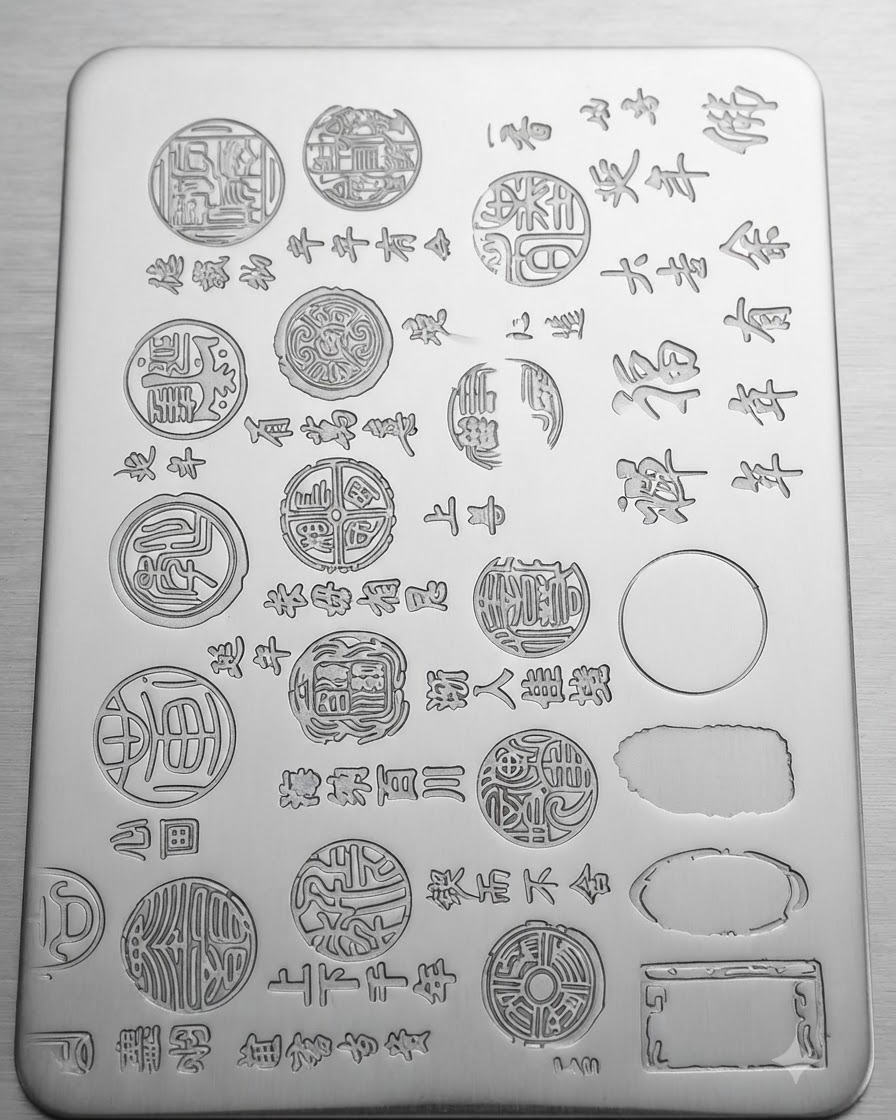 Una placa de estampación metálica grabada con varios sellos de caligrafía tradicional china y patrones de texto.