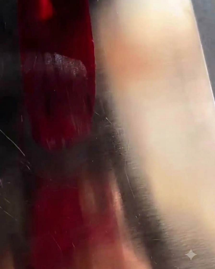 Un frasco de esmalte de stamping rojo oscuro siendo aplicado sobre la superficie de una placa de estampación metálica.