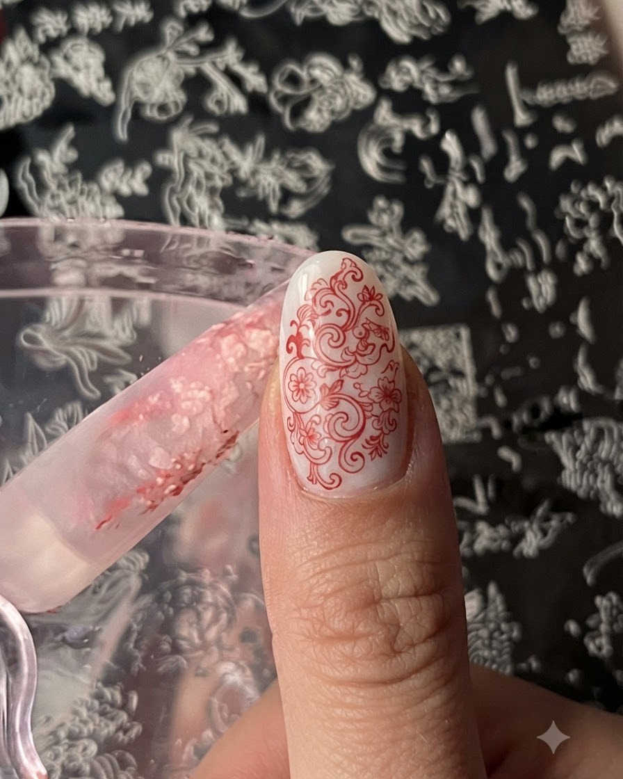 Una uña de pulgar que muestra un diseño intrincado de estampación floral vintage en color rojo completado.