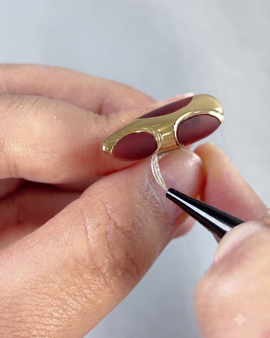 Un pincel fino aplicando gel transparente 3D precisamente sobre diseños de uñas con detalles dorados.