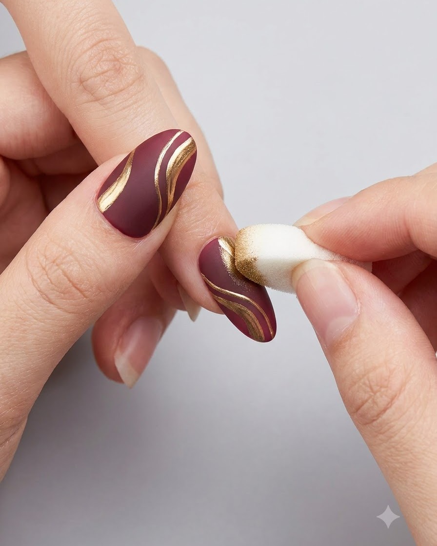 Un aplicador de esponja de sombras aplicando polvo cromo dorado sobre arte de uñas 3D detallado.