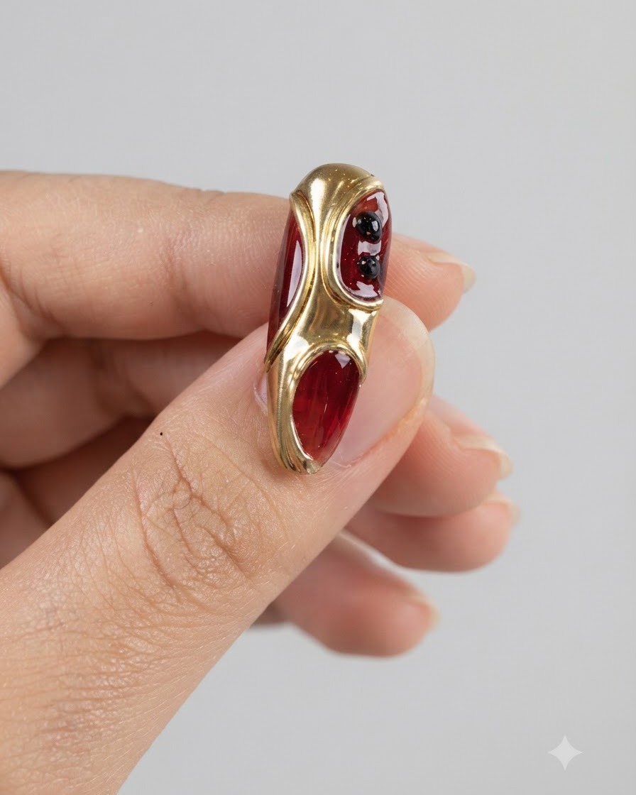 Un pincel delineador fino depositando pequeñas gotas de gel rojo en espacios rebajados de un diseño de uña dorado.