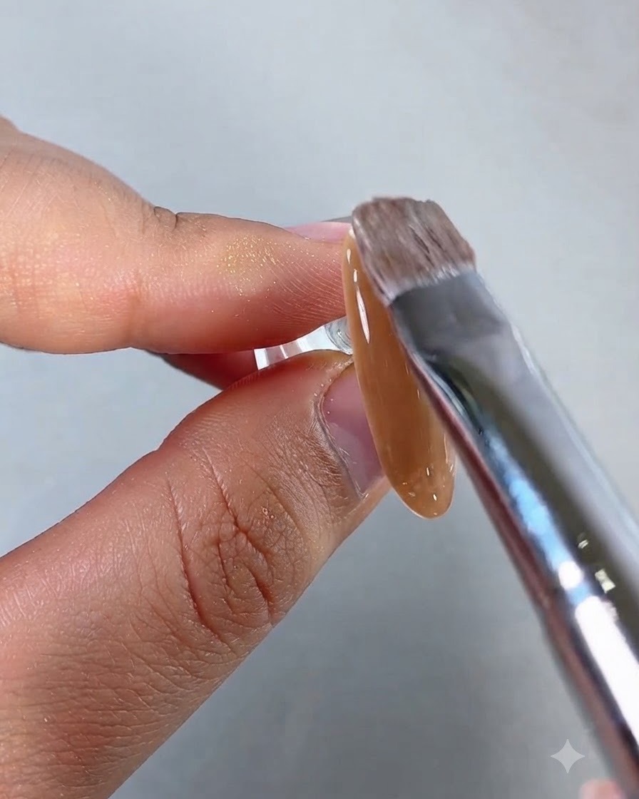 Un pincel plano deslizando gel de ojo de gato marrón caramelo cálido a través de la superficie de una uña.
