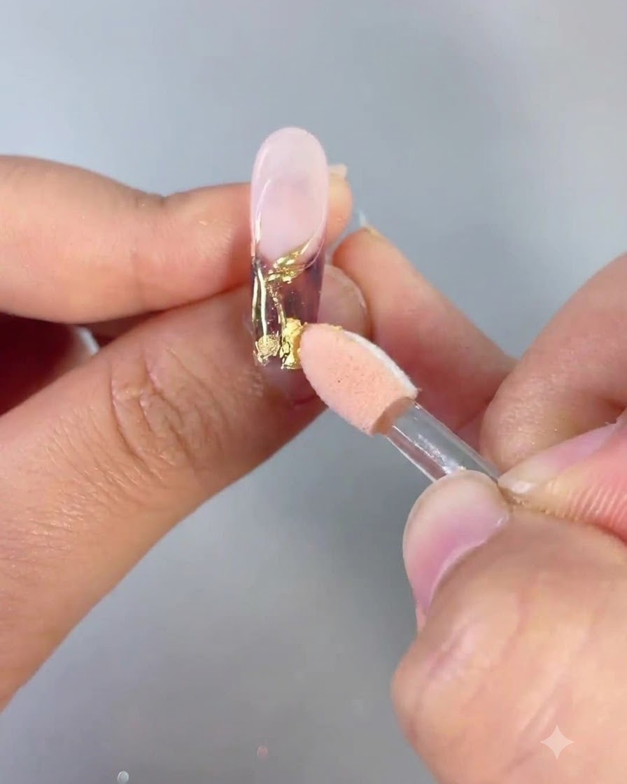 Un pincel delineador fino dibujando una forma continua de 8 en la superficie de una uña usando gel transparente.